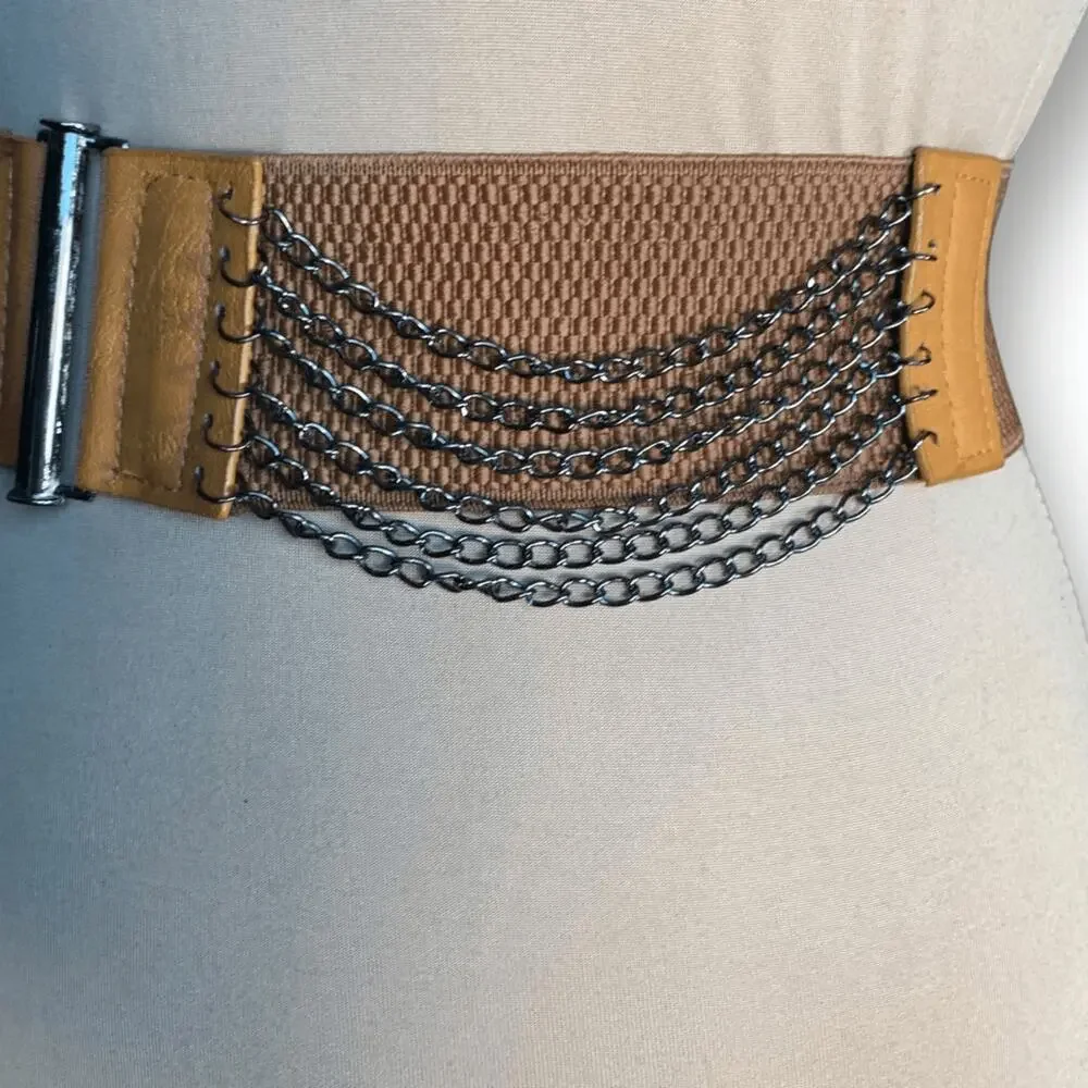 Vintage Y2K Tan Leather Layered Chain Belt Festival Statement Edgy Accessory